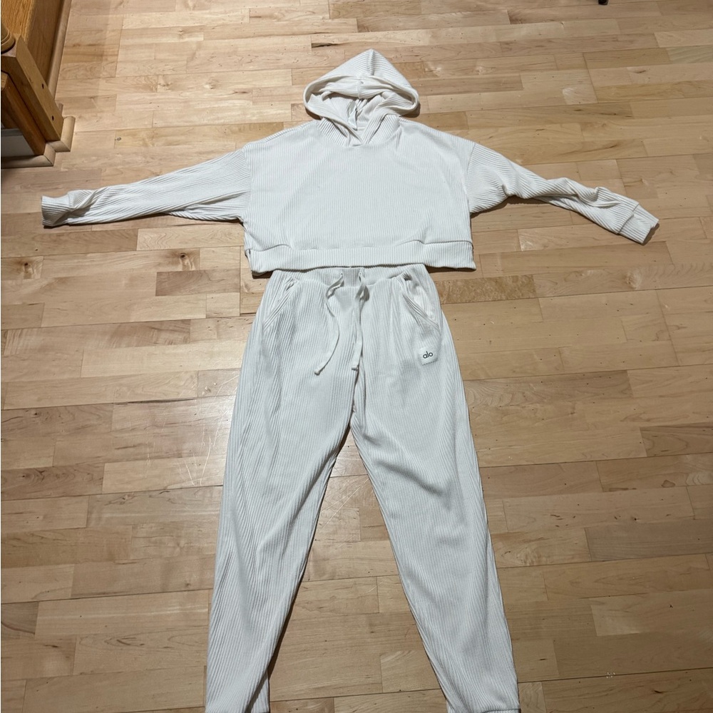ALO Yoga Cream Ribbed Hoodie & Joggers Set